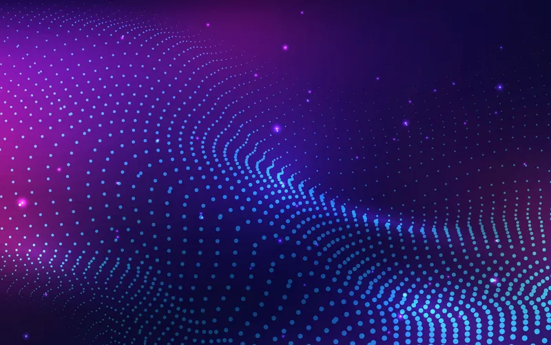 Fondo abstracto de puntos luminosos azules y magenta formando ondas curvas
