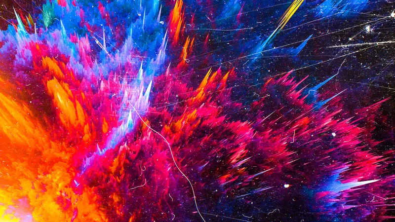 Explosión abstracta de formas cristalinas en colores naranja, rosa y azul