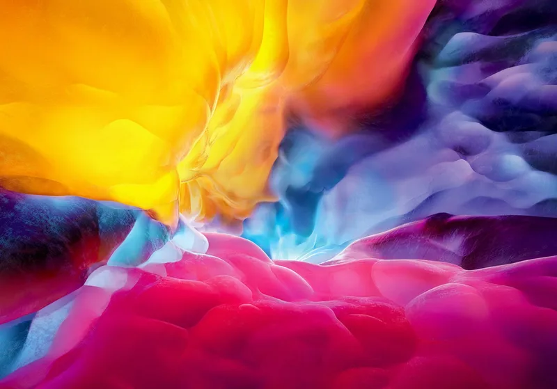 Ilustración abstracta con ondas de color amarillo, azul y magenta entrelazadas
