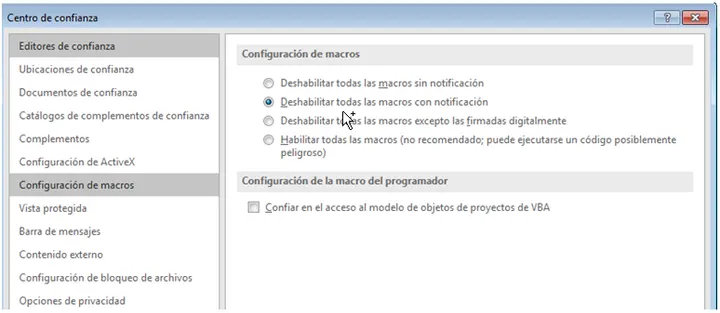 Deshabilitar Macros con notificaciones