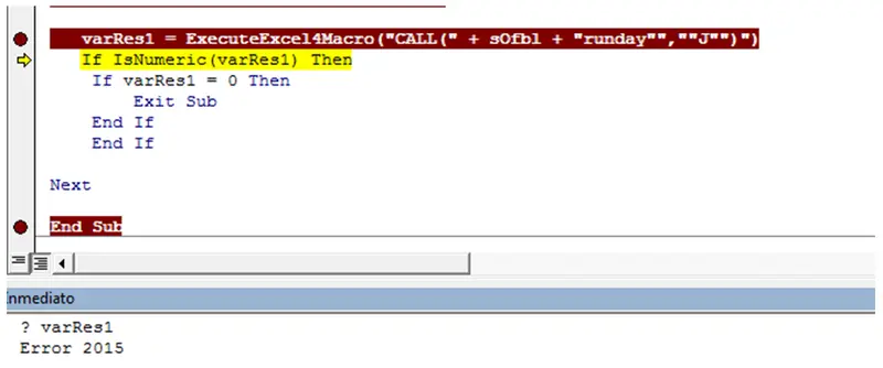 Captura del código VBA con ExecuteExcel4Macro y el mensaje Error 2015
