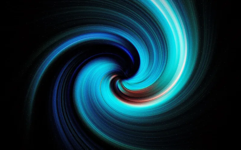Remolino abstracto de luz azul turquesa sobre un fondo negro estrellado