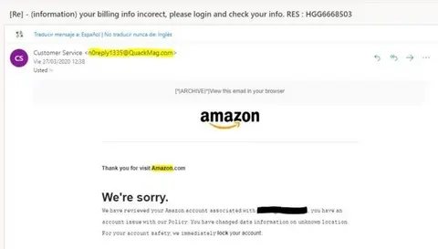Captura de un correo de phishing que suplanta a Amazon advirtiendo un bloqueo de cuenta