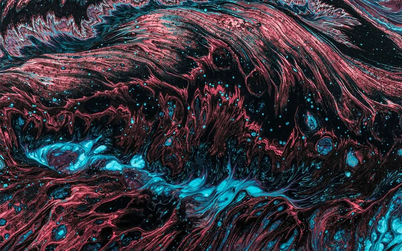 Textura abstracta oscura con vetas rojas y turquesa tipo cráter