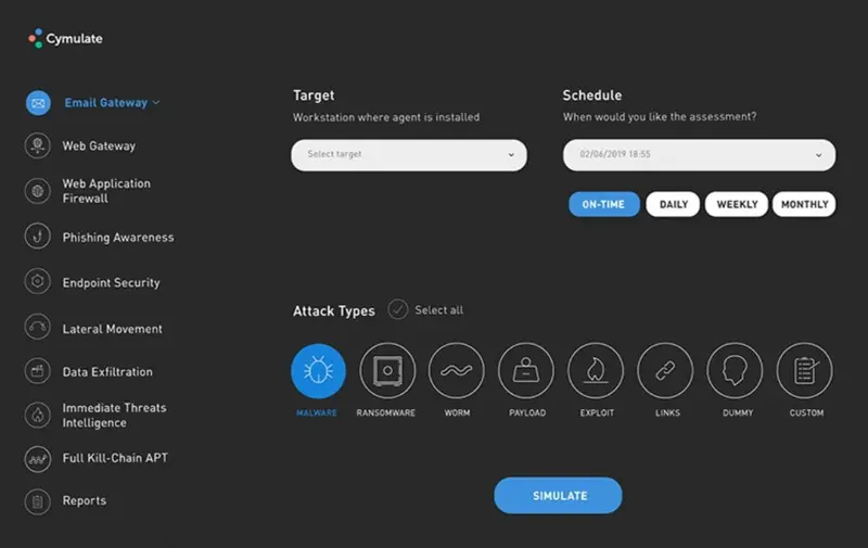 Captura del panel Cymulate mostrando tipos de ataque simulados sobre Email Gateway