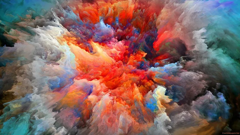 Explosión abstracta de humo de colores en rojo, naranja y turquesa
