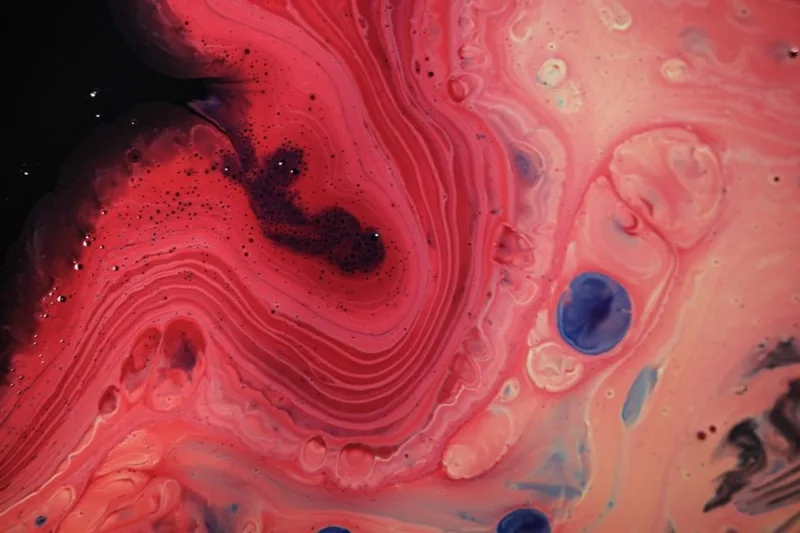 Fotografía abstracta de tinta roja y rosa formando remolinos con una burbuja azul