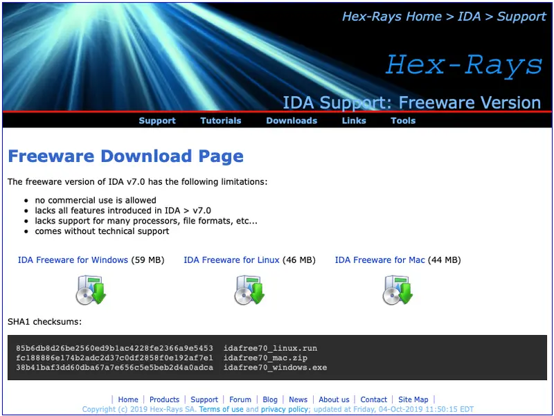 Página de Hex-Rays con los enlaces de descarga gratuita de IDA Free
