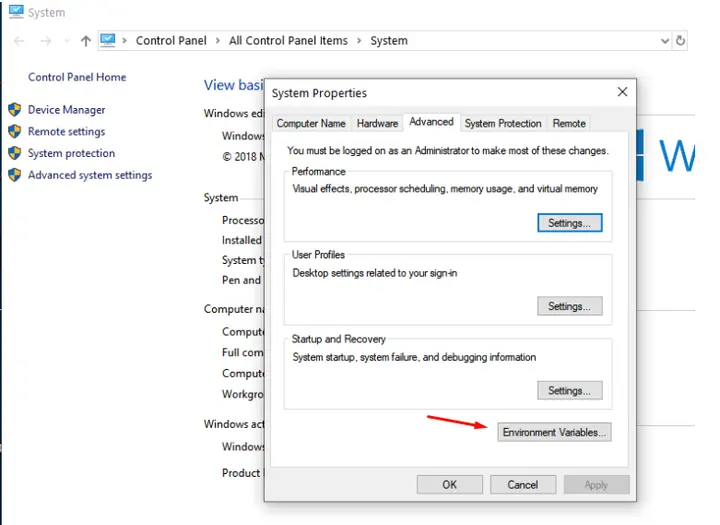 Propiedades del sistema de Windows con flecha señalando el botón Variables de entorno