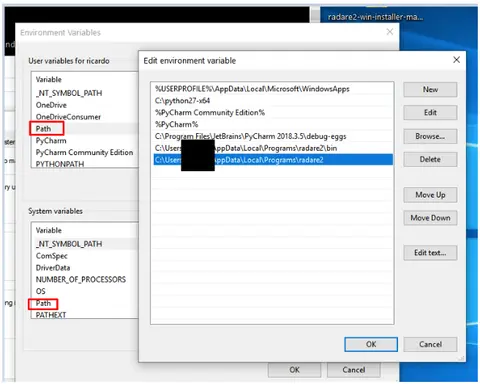 Ventana de variables de entorno de Windows editando la ruta Path con radare2 añadido