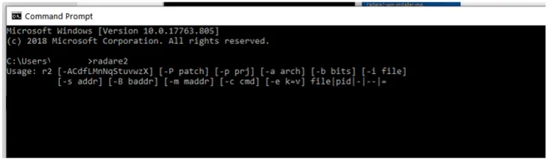 Símbolo del sistema de Windows mostrando el mensaje de uso del comando radare2