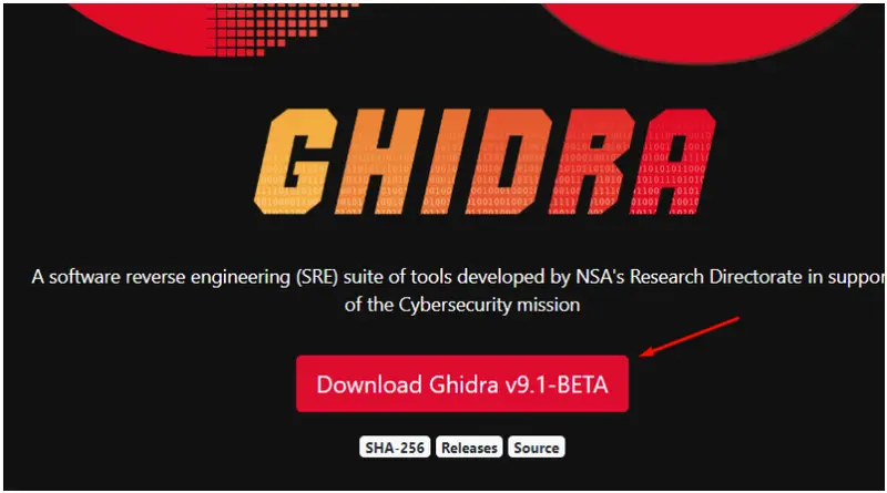 Página web de Ghidra con flecha roja señalando el botón de descarga v9.1-BETA
