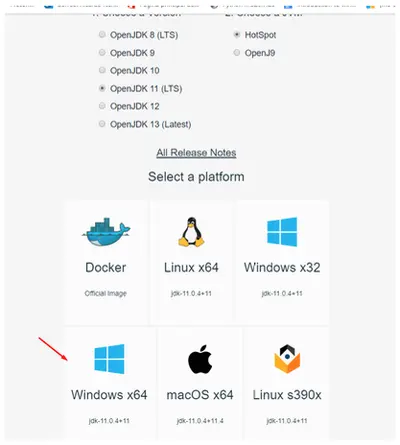 Página de descarga de AdoptOpenJDK 11 con flecha señalando la opción Windows x64