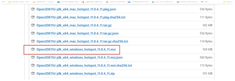 Listado de archivos de AdoptOpenJDK resaltando el instalador .msi para Windows x64