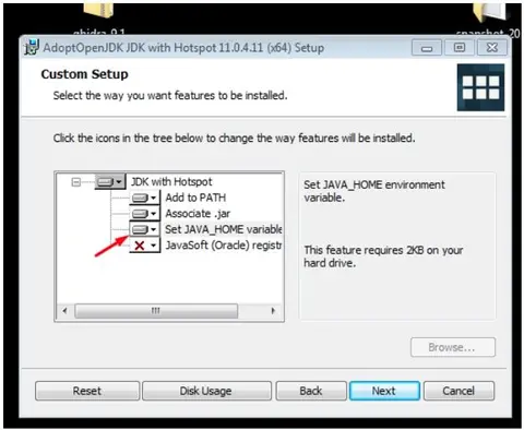 Asistente de instalación de AdoptOpenJDK con flecha en la opción Set JAVA_HOME variable