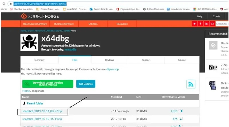 Página de SourceForge de x64dbg señalando el snapshot descargable del 14 de octubre