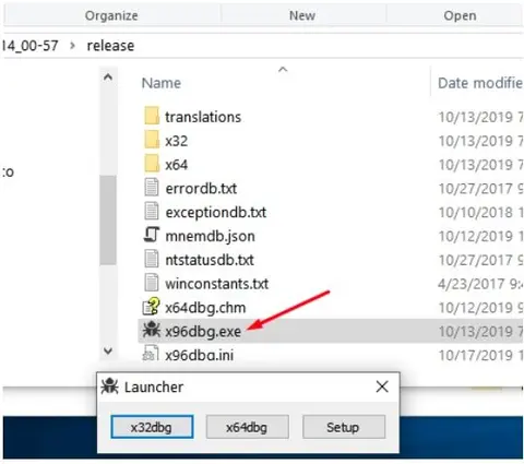 Carpeta release de x64dbg con el lanzador x96dbg.exe abierto mostrando las opciones x32dbg y x64dbg