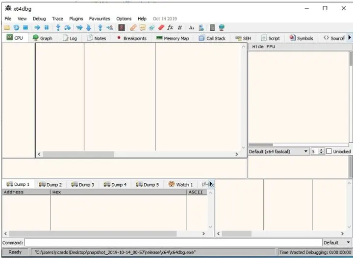 Ventana principal de x64dbg vacía tras cargar el ejecutable desde el escritorio