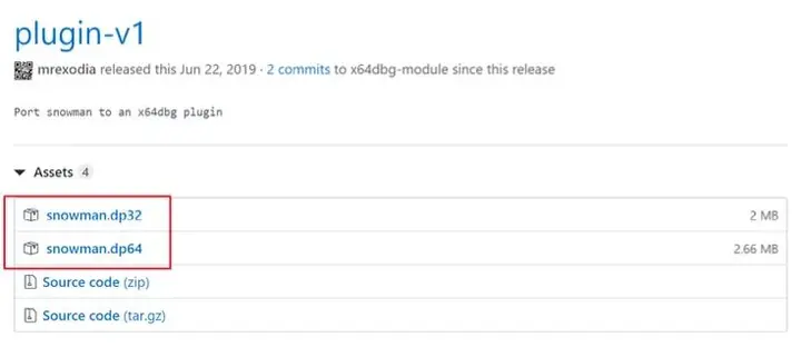 Página de GitHub del plugin Snowman resaltando los archivos snowman.dp32 y snowman.dp64