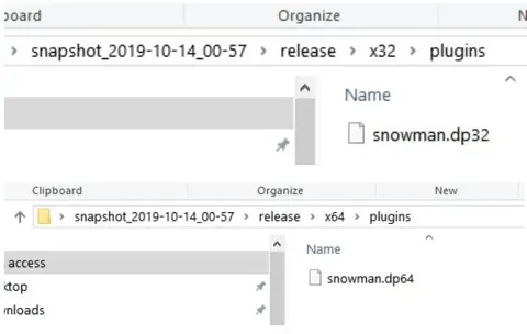 Carpetas plugins de x64dbg mostrando los archivos snowman.dp32 y snowman.dp64 copiados