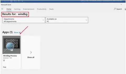 Microsoft Store con resultados de búsqueda de WinDbg mostrando la app WinDbg Preview