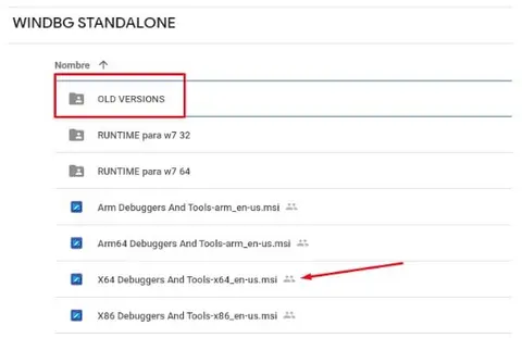 Página de descarga de WinDbg Standalone señalando el instalador X64 Debuggers And Tools