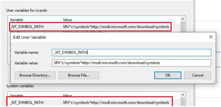 Edición de la variable de entorno _NT_SYMBOL_PATH con la ruta de símbolos de Microsoft