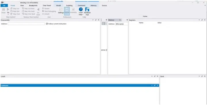 Interfaz de WinDbg Preview vacía con las pestañas Home, Breakpoints y Time Travel