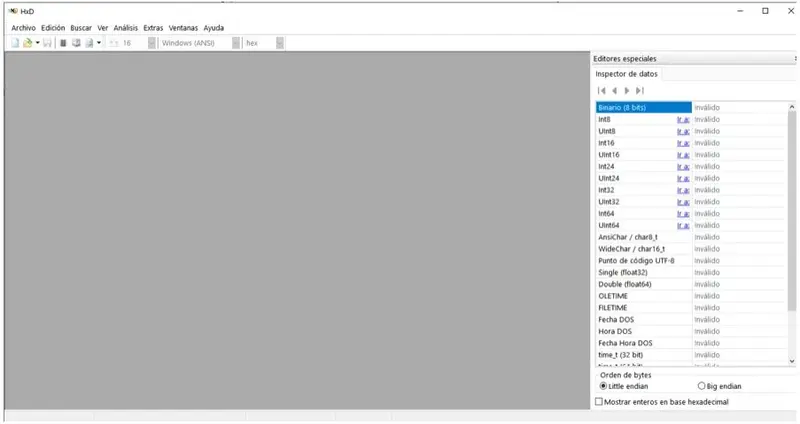 Ventana del editor hexadecimal HxD en español con el panel Inspector de datos