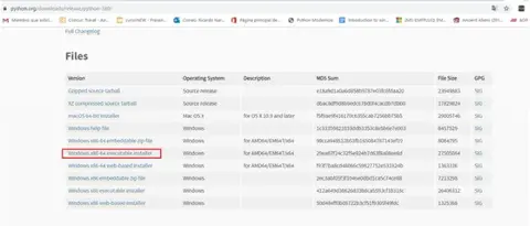 Página de descargas de Python 3.8.0 resaltando el instalador ejecutable para Windows x86-64