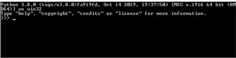 Terminal con el intérprete interactivo de Python 3.8.0 recién instalado en Windows