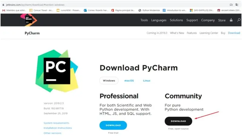 Página de descarga de PyCharm con el botón Download de la edición Community señalado