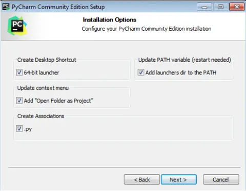 Ventana de instalación de PyCharm Community mostrando las opciones de configuración marcadas