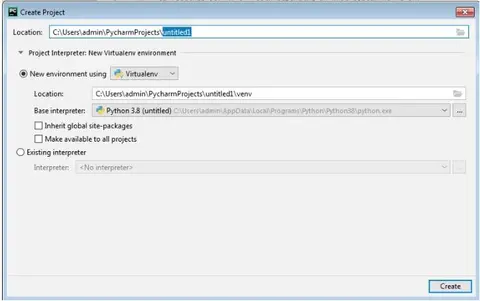 Diálogo Create Project de PyCharm configurando un entorno virtualenv con Python 3.8