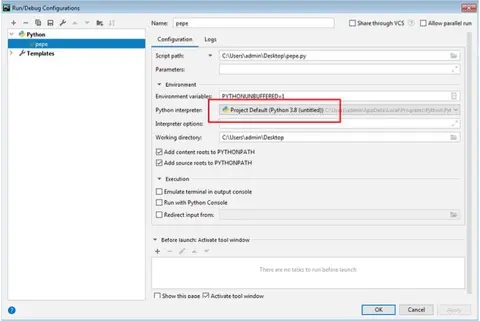 Configuración Run/Debug de PyCharm con el intérprete de Python 3.8 resaltado en rojo