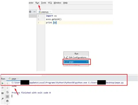 Menú Run de PyCharm y consola con el PID 2248 tras ejecutar pepe.py