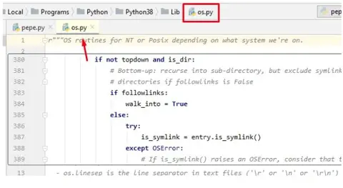 Código fuente de la librería os.py de Python mostrando la función os.walk en PyCharm