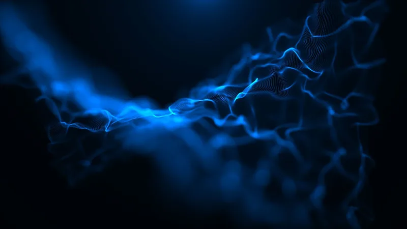 Ilustración abstracta de una onda de partículas azules formando una red sobre fondo negro