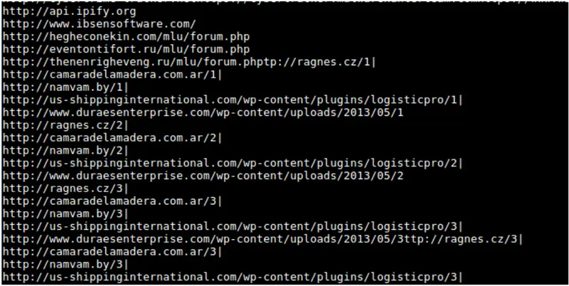 Lista de URLs maliciosas extraídas del shellcode con rutas numeradas como /1 y /2