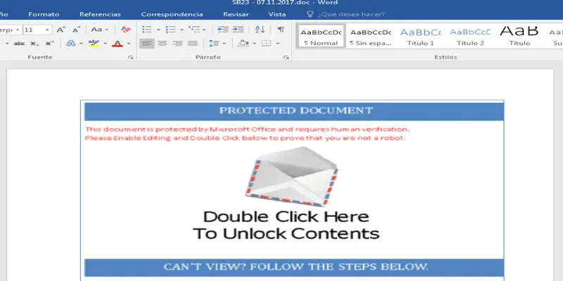 Documento Word con el señuelo falso Protected Document para activar macros maliciosas