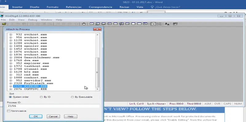 Ventana Adjuntar a proceso de WinDbg con WINWORD.EXE seleccionado para depurar
