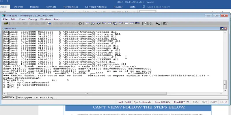 Consola de WinDbg mostrando módulos cargados y un punto de interrupción en CreateProcessA