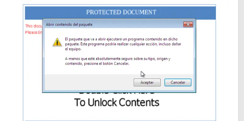Aviso de seguridad de Word al abrir un paquete con contenido ejecutable bloqueado