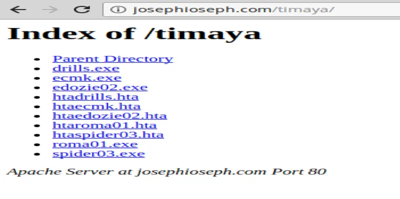 Listado de directorio Index of timaya con ejecutables y archivos HTA maliciosos