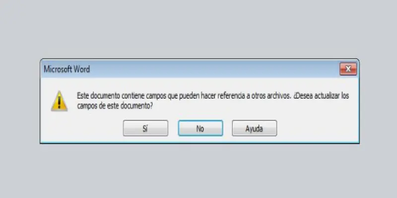 Cuadro de diálogo de Word preguntando si actualizar campos vinculados a otros archivos