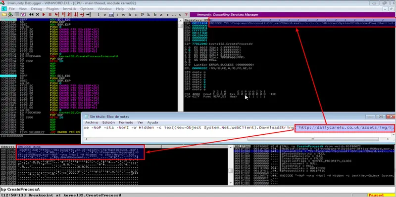 Immunity Debugger mostrando el desensamblado y la cadena de descarga PowerShell hacia dailycare4u.co.uk